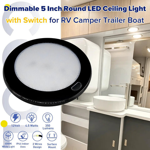 Durable Dimmable 5 Inch Black Round 12V RV Ceiling Light With Surface Mount LED Fixture 350 Lumens 4000K Pure White Built In Dimmer Switch