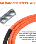 Steel Core Flip Line For Tree Climbing With Half Inch By Eight Foot Wire Rope Heavy Duty Triple Lock Carabiner Adjuster Steel Swivel Snap Fall Protection Gear For Arborists And Tree Climbers 20 kN Breaking Strength showing galvanized steel wire close-up with orange sleeve