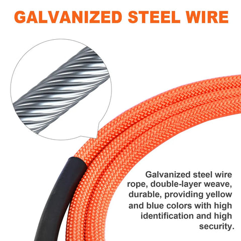 Steel Core Flip Line For Tree Climbing With Half Inch By Eight Foot Wire Rope Heavy Duty Triple Lock Carabiner Adjuster Steel Swivel Snap Fall Protection Gear For Arborists And Tree Climbers 20 kN Breaking Strength showing galvanized steel wire close-up with orange sleeve