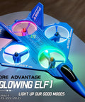 Upgraded ABS Fighter Jet RC Plane with LED lights on table, blue plastic design, visible propellers, glowing in dark.