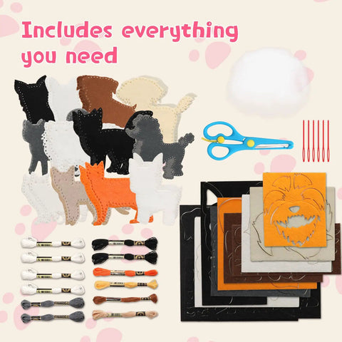 Kids Sewing Kit For Beginners With 12 Easy DIY Plush Toy Projects Dog Cat Stuffed Animals Set shown with materials