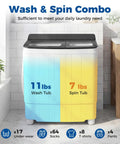 Compact Twin Tub Portable Washing Machine Featuring High Speed Drain Pump Quick Spin Dryer Combo with 11 lb wash and 7 lb spin tub in gray.