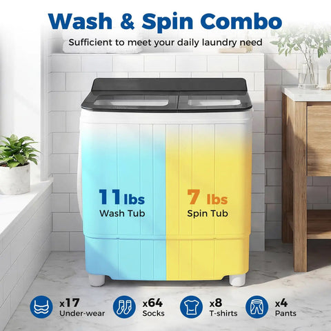 Compact Twin Tub Portable Washing Machine Featuring High Speed Drain Pump Quick Spin Dryer Combo with 11 lb wash and 7 lb spin tub in gray.