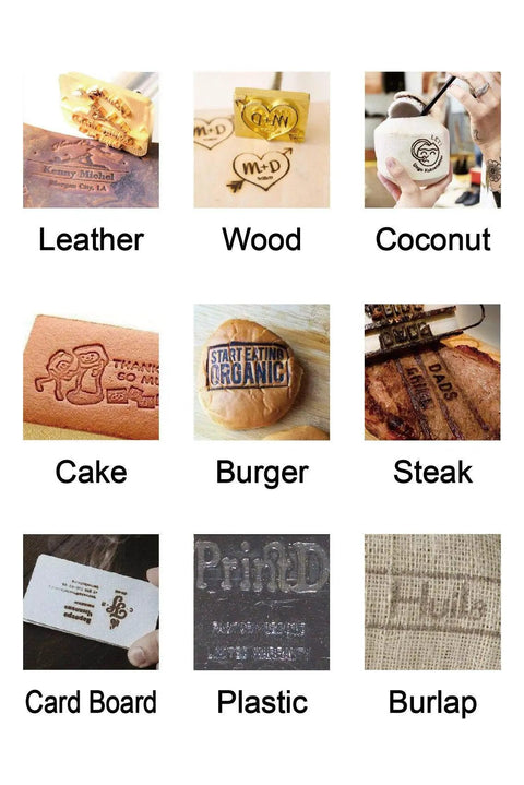 Branding Iron Kit For Wood And Leather Projects, Pro Grade Personalized Copper Heat Stamp showing marks on wood, leather, cake.