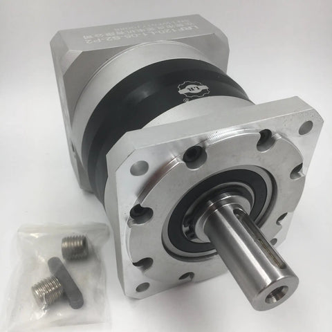Close-up of Beefy NEMA 34 Planetary Gearbox with 20 to 1 Gear Head Reducer for CNC Machines, showing the 20mm output shaft and 86mm flange.