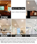 Room settings with 12 Pack 6 Inch Ultra Slim 5CCT LED Recessed Downlights in different color temperatures from 2700K to 5000K