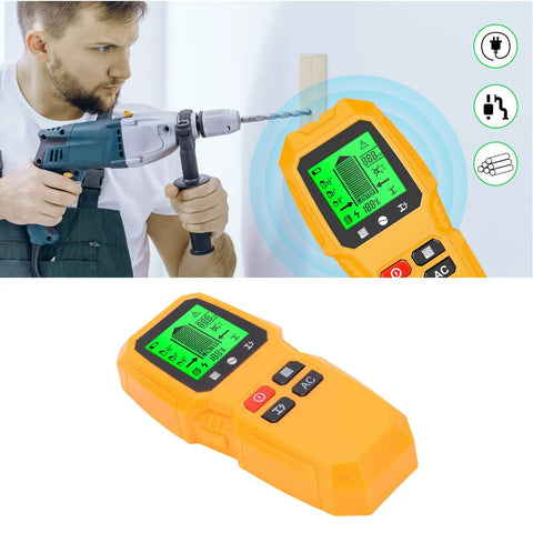 Stud Finder Wall Scanner Wood Metal Beam AC Wire Detector with clear LCD display being used on a wall