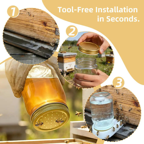 Beekeeping Beehive Entrance Feeder Lids Replacement Metal Caps For Regular Mouth Mason Jars in use with syrup and water
