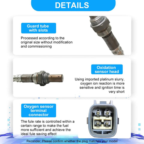 Upstream O2 Oxygen Sensor For Front Right 2001 To 2003 Toyota Rav4 2.0L platinum tipped sensor head and terminal connector details.