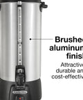 Boss Level 100 Cup Coffee Urn With Fast Brewing One Hand Dispensing Dual Heaters Brushed Aluminum Finish NSF Listed Commercial Grade