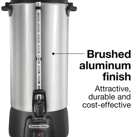 Boss Level 100 Cup Coffee Urn With Fast Brewing One Hand Dispensing Dual Heaters Brushed Aluminum Finish NSF Listed Commercial Grade