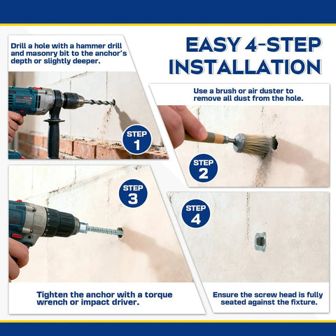 Easy 4-step installation of Three Eighth Inch By Three Inch Large Diameter Concrete Screw 25 Pack Beefy Heavy Duty Anchors