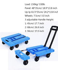 Six Wheel Folding Hand Truck With Adjustable Handle For Home Office Travel And Moving 330 Lbs Capacity Portable Dolly Cart That Makes Hauling A Breeze With Compact 3 Inch Wheels Blue, folded and open view
