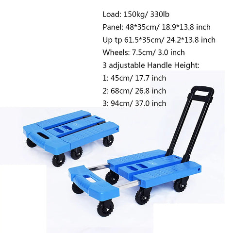 Six Wheel Folding Hand Truck With Adjustable Handle For Home Office Travel And Moving 330 Lbs Capacity Portable Dolly Cart That Makes Hauling A Breeze With Compact 3 Inch Wheels Blue, folded and open view