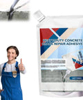 Premium Strength Concrete Crack Repair Adhesive And Quick Drying Waterproof Sealant For Driveway Patio Walkways Solid Fix Tough As Nails Outdoor Patch Gray Tube with worker giving thumbs up.