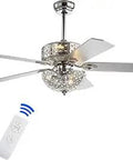 Dope Modern Glam Ceiling Fan With Chrome Filigree Dome, remote control, 5 silver and white blades, 6 light iron and wood fixture