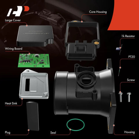 Components of Mass Air Flow Sensor MAF 4 Pin For Ford F-150 Heritage Taurus Crown Victoria Windstar Contour Lincoln Town Car Mercury Sable Cougar Grand Marquis Mystique Fits V6 V8 Models shown disassembled, including core housing, wiring board, and plugs.