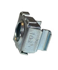 Pro Grade Snap In 10-32 Zinc Plated Cage Nuts 100 Pack For Server Rack Frames and Network Cabinet Mounting Hardware, single fastener detail.