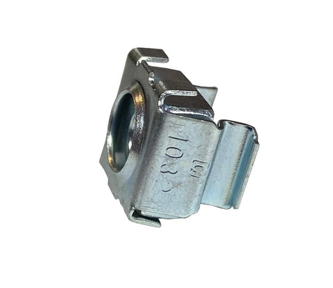 Pro Grade Snap In 10-32 Zinc Plated Cage Nuts 100 Pack For Server Rack Frames and Network Cabinet Mounting Hardware, single fastener detail.