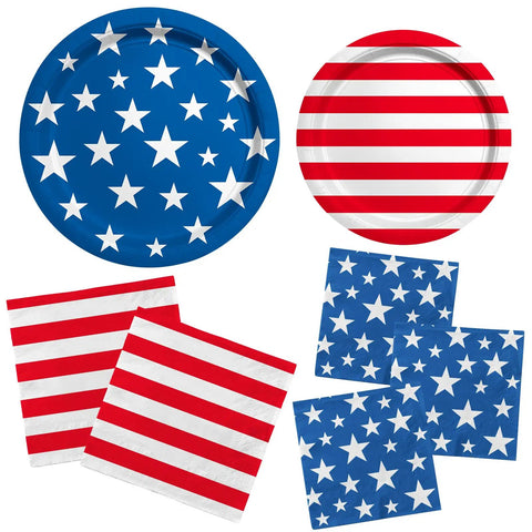 Patriotic Party Tableware Kit Disposable Dinner Plates 9in And Dessert Plates 7in Napkins Stars And Stripes Designs