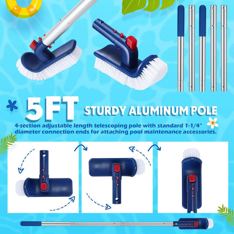 Pro Pool Cleaning Kit With Aluminum Adjustable Pole, showing 4-section poles, rotating brushes for above-ground pool cleaning
