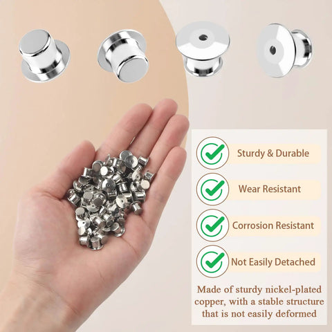 70 Pack Locking Pin Backs Metal Seals For Badges Brooches And Enamel Pins Secure Your Swag With These Dope Pin Fasteners, displayed in hand.