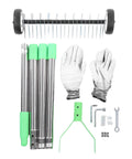 Beefy Heavy Duty Lawn Thatching Rake With Roller Design For Effortless Dead Grass Removal, disassembled parts and tools shown.