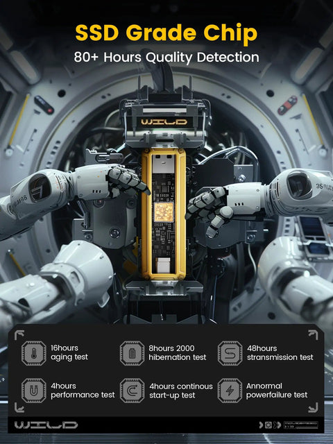 Detailed view of SSD testing robot with quality detection labels, representing 256GB External SSD With Dual USB C And USB 3 2 Gen2 Blazing 1000 MB Per Second Read Write Speeds Portable Dual Port SSD With 3 Stage Push Pull Design Perfect For iPhone 15 16 Mac Android And USB C Laptops in rigorous testing process.
