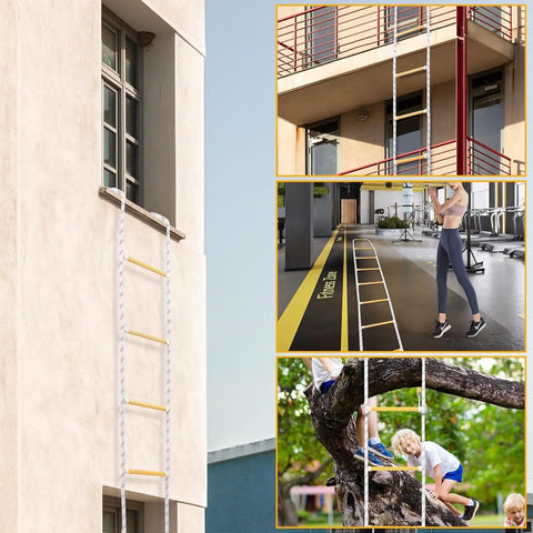 Emergency Fire Escape Rope Ladder 25 Feet With Flame Resistant Safety Extension Rope And 2 Hooks Portable Window Escape Ladder For 2 To 6 Story Homes Reusable Durable Weatherproof Survival Gear For Kids shown in urban and outdoor settings, highlighting flexibility and various uses.