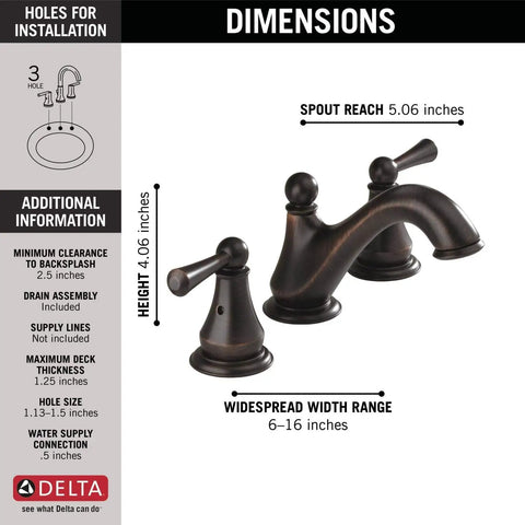 Dimensions and features of Delta bronze bathroom faucet for 3-hole sinks, spout reach 5.06 in, height 4.06 in, fits 6-16 in spaces.
