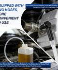 One Person Operation Pneumatic Brake Bleeder Kit With Vacuum Assist For Brake And Clutch Lines Includes 1L Refilling Bottle and 16 Adapters connected to a brake system with hoses visible.