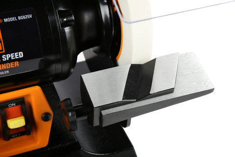 Top Shelf 6 Inch Bench Grinder With 2.5 Amp Variable Speed Motor And Built In Work Light close-up view of tool rest.