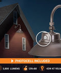 Bronze 14 Inch Gooseneck Barn Light LED Fixture For Indoor Outdoor Use With Photocell in front of barn