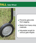 Tall Gate Wheel That Stops Gate Sag No Fuss And Lets Your Gate Swing Smoothly Every Time, fits round tube gates 1-2 in, shown on grass