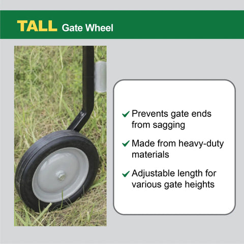 Tall Gate Wheel That Stops Gate Sag No Fuss And Lets Your Gate Swing Smoothly Every Time, fits round tube gates 1-2 in, shown on grass