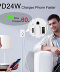 Ditch The Cord Clutter 20 Pack 15 Amp USB C Electrical Outlets With Rapid Charge USB C And USB A Ports Tamper Resistant Safety Shutters Easy Swap Wall Plates Included ETL Certified House Renovation Must Have charging two devices in a modern living room with USB ports