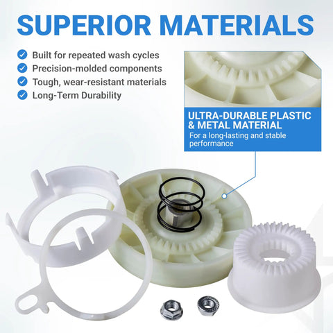 Complete W10721967 Clutch Cam Assembly And W10528947 Driven Hub Kit For Whirlpool Kenmore Top Load Washer components in durable plastic and metal.
