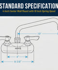 Diagram of Heavy Duty Wall Mount Kitchen Faucet With A 10 Inch Swing Spout And 4 Inch Center Mount, dimensions labeled, chrome finish.