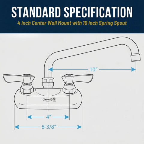 Diagram of Heavy Duty Wall Mount Kitchen Faucet With A 10 Inch Swing Spout And 4 Inch Center Mount, dimensions labeled, chrome finish.