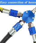Three Way Air Hose Manifold Connectors One Quarter Inch NPT Compressor Fittings High Pressure Metal Swivel 360 Degrees Blue Two Pack Durable Air Tool Splitter And Quick Connects For Home Garage Use connected to three hoses
