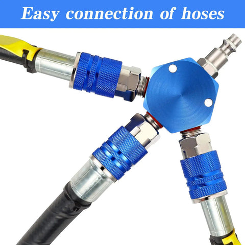 Three Way Air Hose Manifold Connectors One Quarter Inch NPT Compressor Fittings High Pressure Metal Swivel 360 Degrees Blue Two Pack Durable Air Tool Splitter And Quick Connects For Home Garage Use connected to three hoses