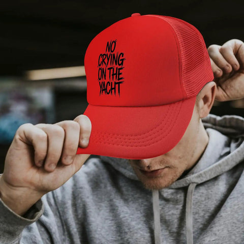 No Crying On The Yacht Distressed Red Adjustable Sun Hat For Men And Women Ventilated Breathable Cap on person's head