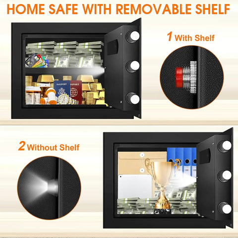 Compact Home Fireproof Safe With Programmable Keypad And Alarm Waterproof Security Box open with and without shelf view