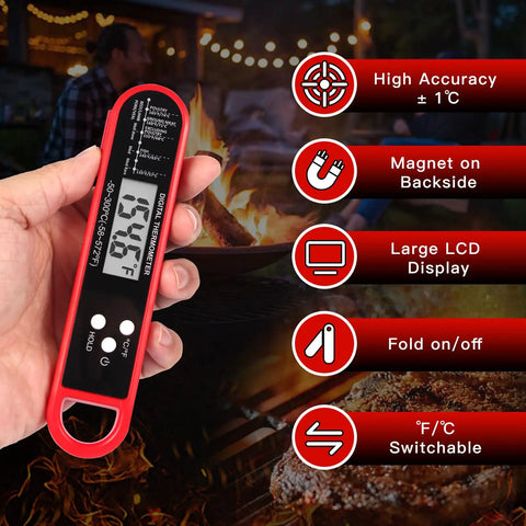 Person holding Ultra Fast Instant Read Digital Meat Thermometer For Cooking And Grilling With IP67 Waterproof and magnetic mount