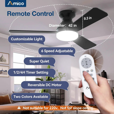 42 Inch Low Profile Ceiling Fan With Light And Remote Flush Mount Reversible Blades Dimmable 3 CCT Noiseless Black Indoor Outdoor Ceiling Fan For Bedroom And Living Areas