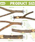 Straight Up Natural Wood Bird Perch Stand Set Five Piece Untreated Branches For Bird Cages showing sizes of 6.5in and 0.4in hardware.