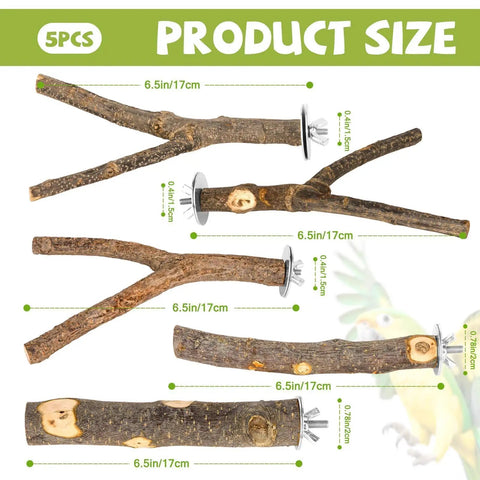Straight Up Natural Wood Bird Perch Stand Set Five Piece Untreated Branches For Bird Cages showing sizes of 6.5in and 0.4in hardware.