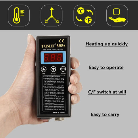 Hand holding Pro Grade 110V 680W SMD Hot Air Rework Station for mobile phone repairs, showing LED display and compact design