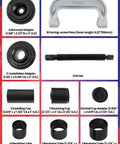 10 Piece Ball Joint Press Kit With U Joint Removal Tool And 4x4 Adapters For Most 2WD And 4WD Vehicles And Light Trucks Fits Dana 30 Or 44 Front Axles On Ford GM Dodge Jeep IHC showing assorted components and dimensions