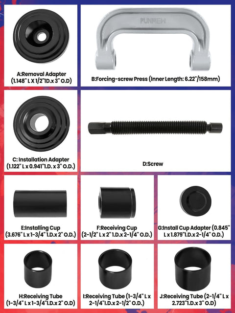 10 Piece Ball Joint Press Kit With U Joint Removal Tool And 4x4 Adapters For Most 2WD And 4WD Vehicles And Light Trucks Fits Dana 30 Or 44 Front Axles On Ford GM Dodge Jeep IHC showing assorted components and dimensions